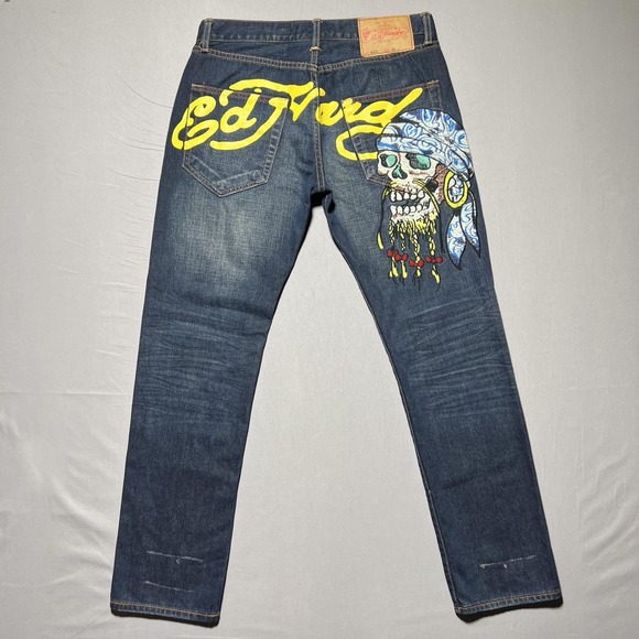 Ed Hardy Jeans‎ Mens 33x31 Blue Embroidered Pirate Skull Graphic Y2K Streetwear